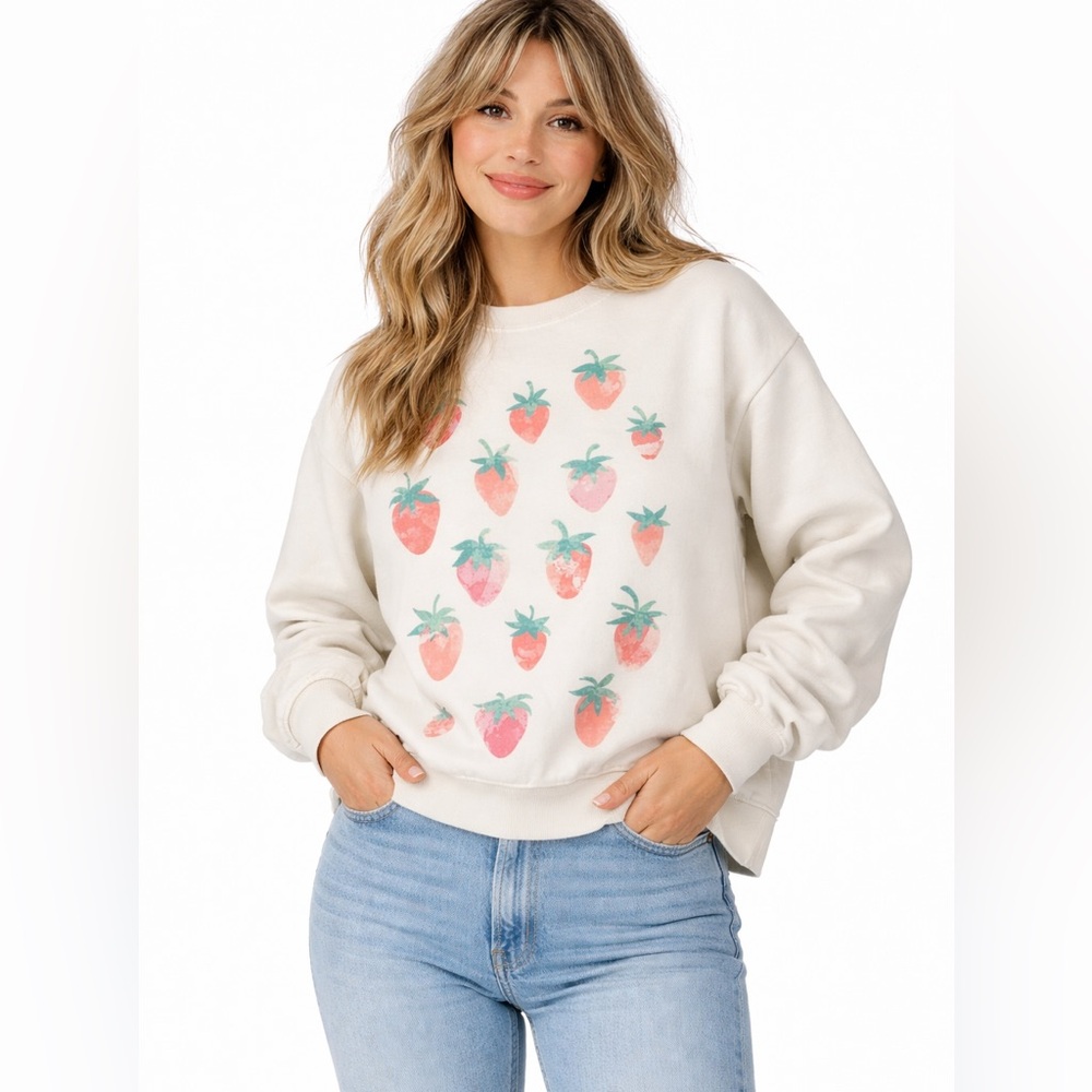 Cute fruit Womens Sweatshirt Sz XSmall White Pink Strawberry Kawaii *2 for20*